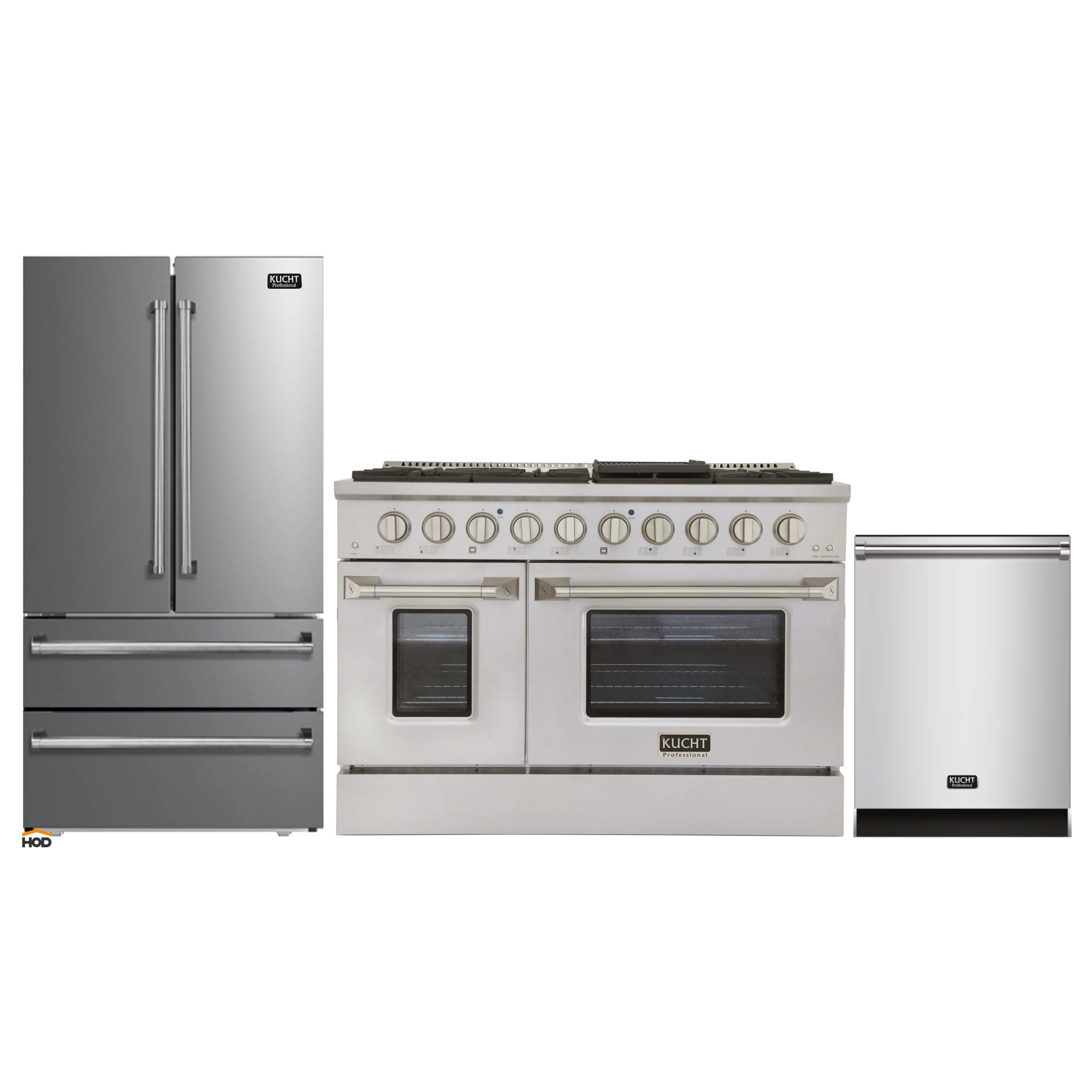Stainless refrigerator, white dual fuel range, and dishwasher in one appliance package