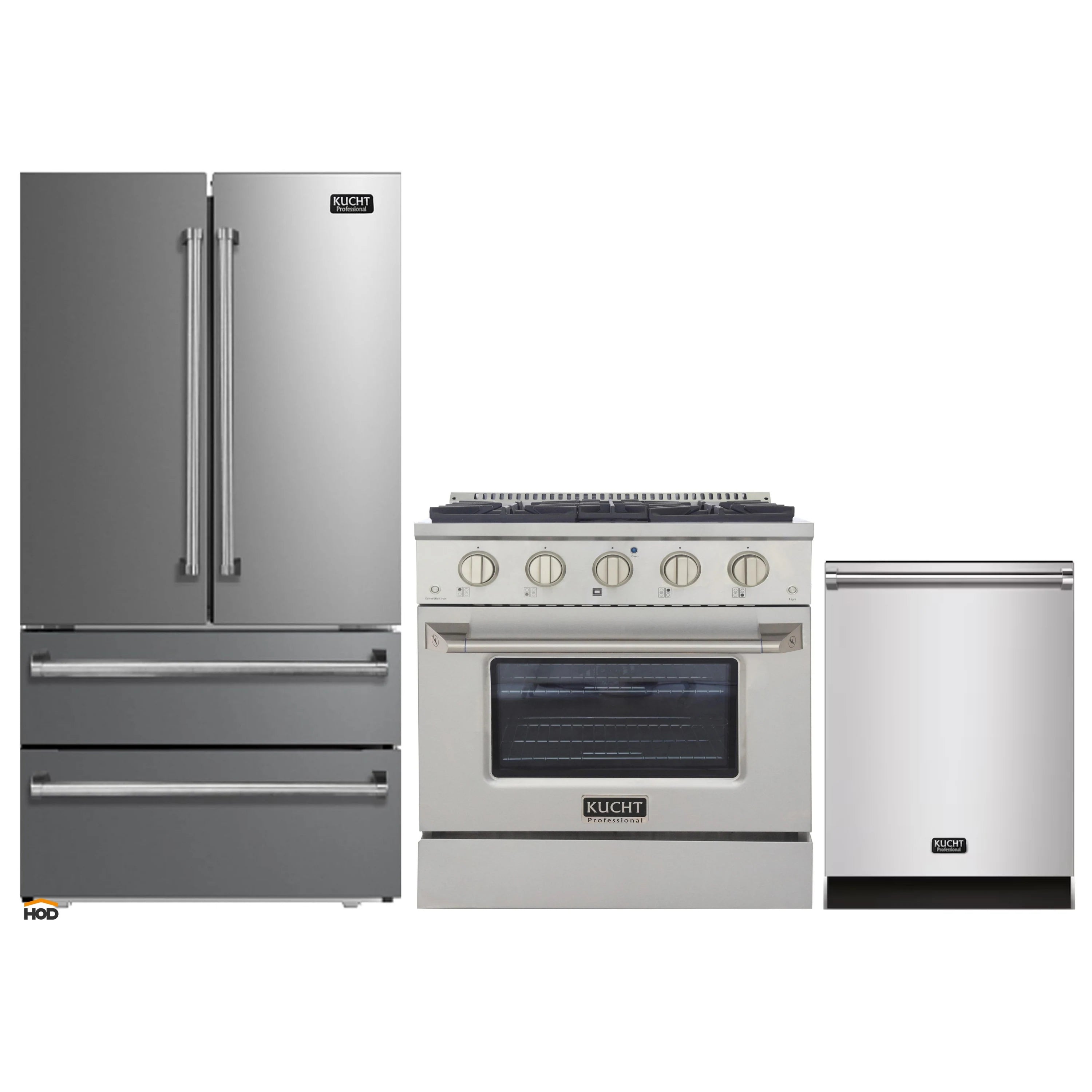Stainless steel 3-piece kitchen appliance package: refrigerator, gas range, dishwasher