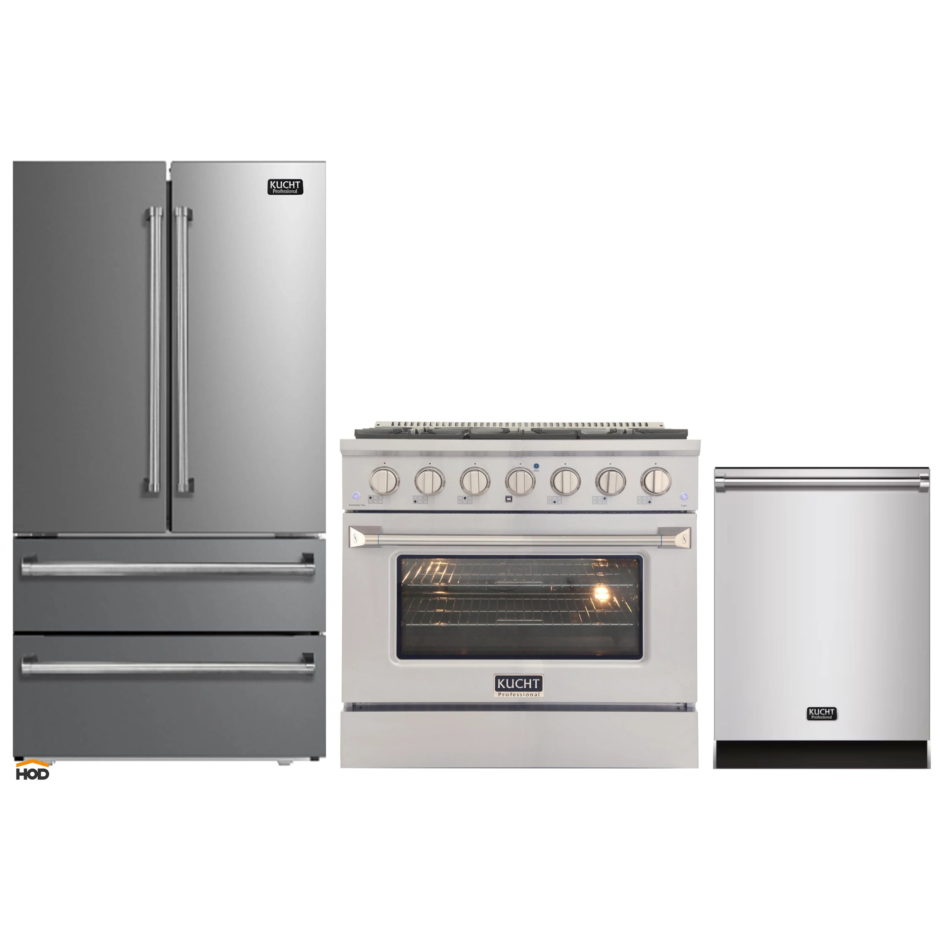 Stainless steel 3-piece appliance package with refrigerator, gas range, and dishwasher