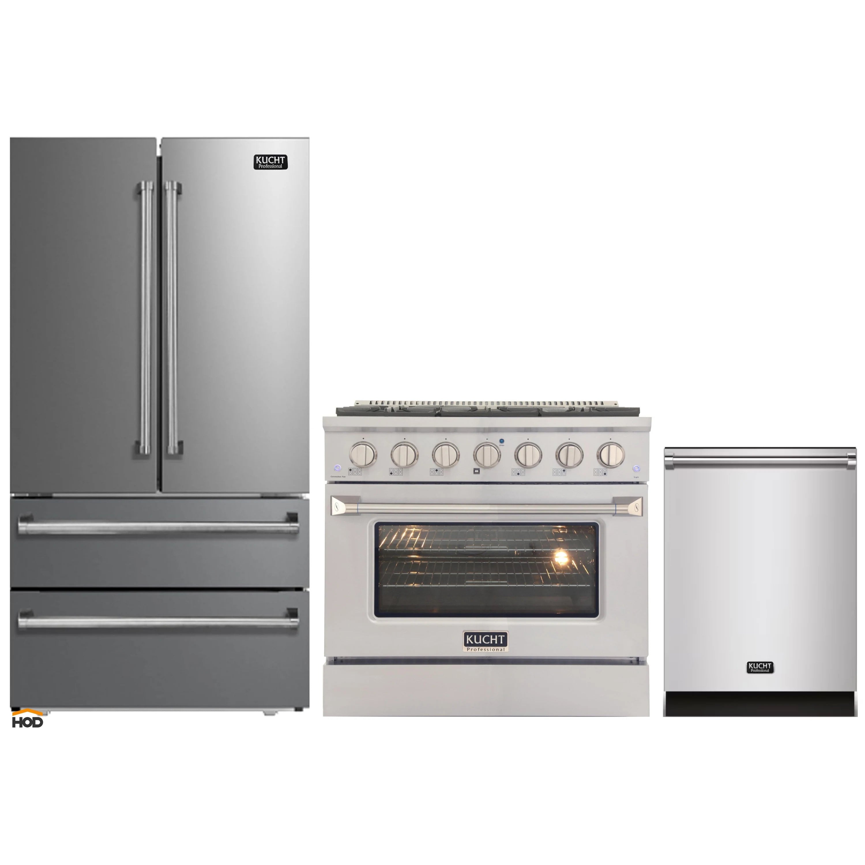Stainless 3-piece kitchen appliance set: refrigerator, gas range with oven, dishwasher