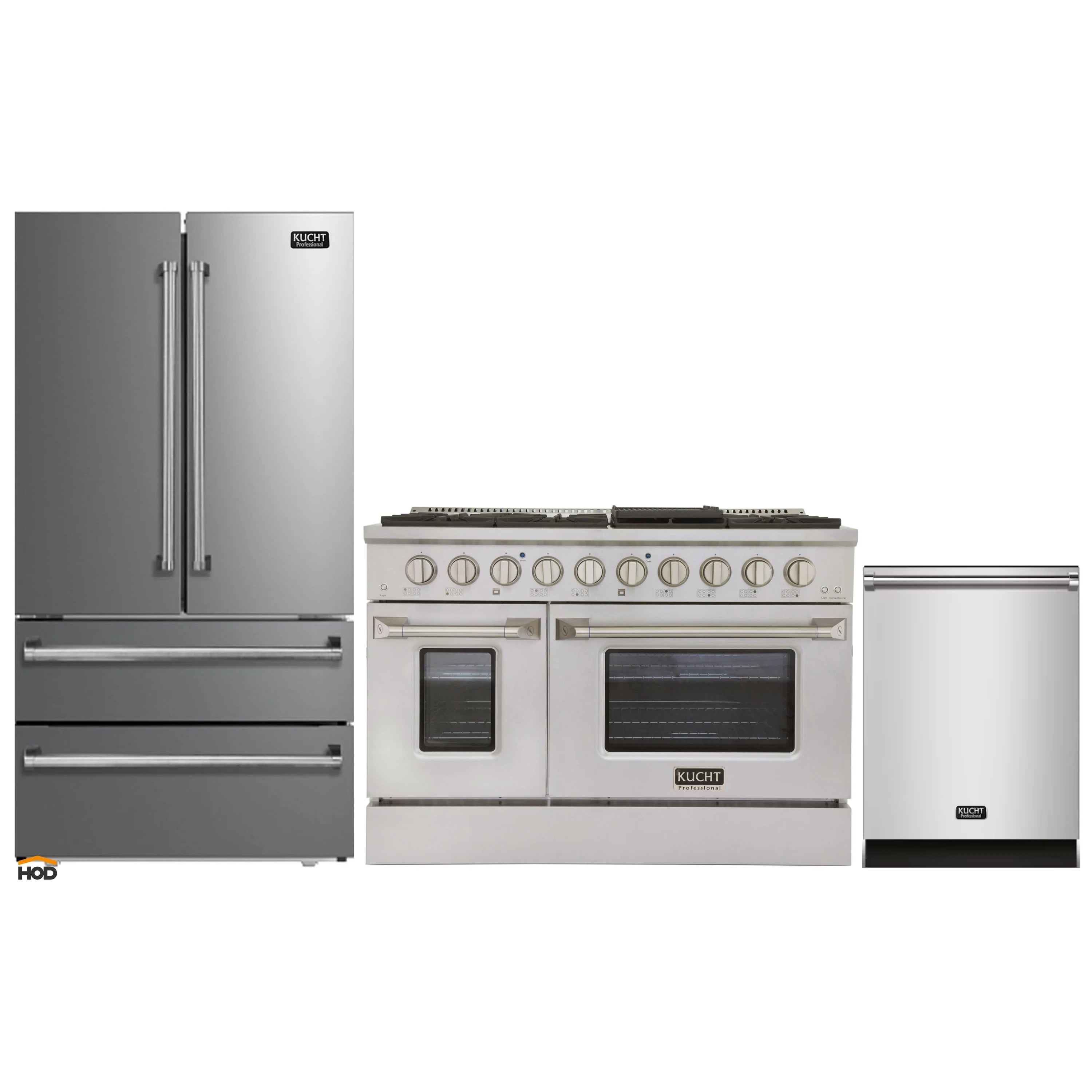 Stainless steel Kucht gas range front view with six burner grates and ovens