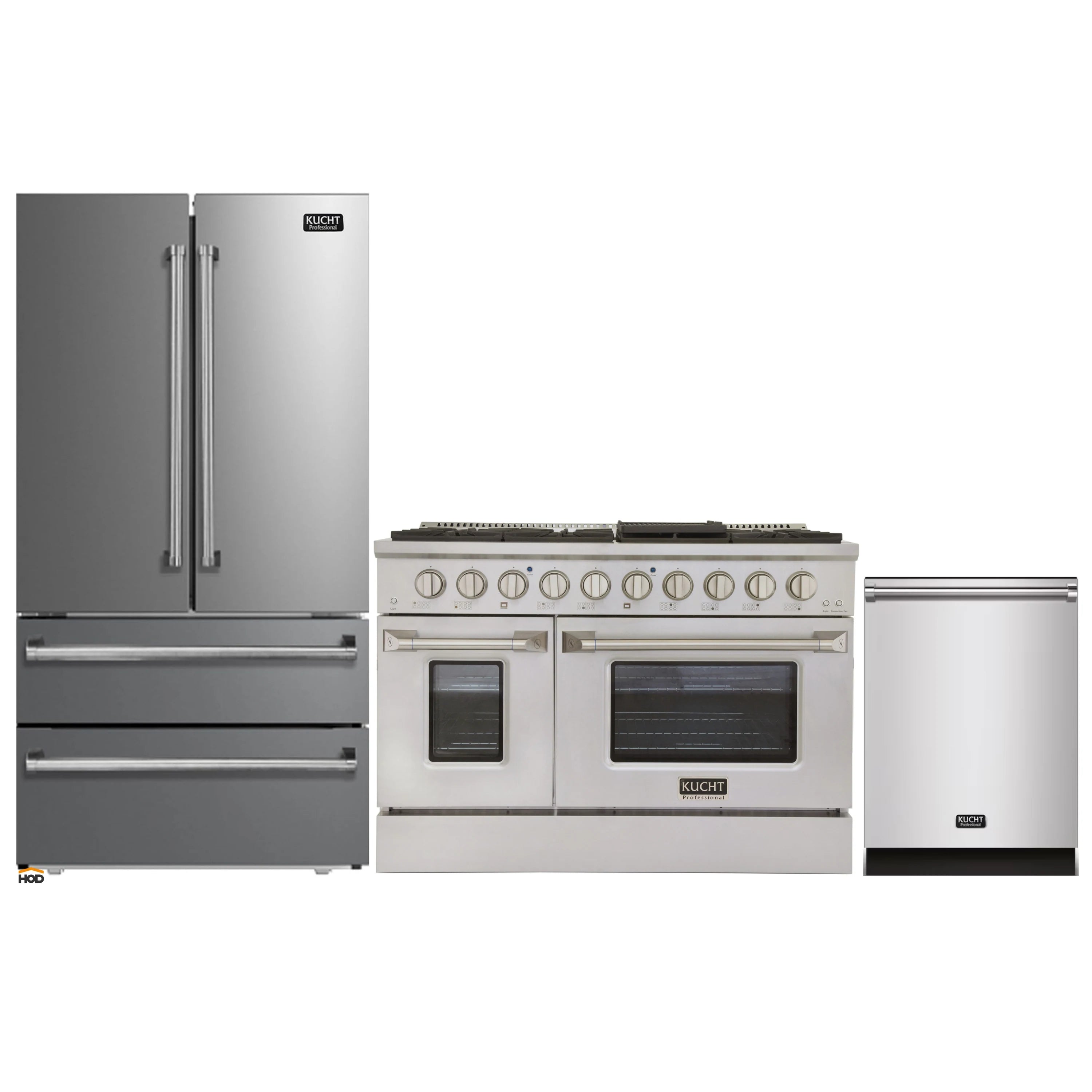 Stainless steel Kucht appliance package: refrigerator, propane range, and dishwasher