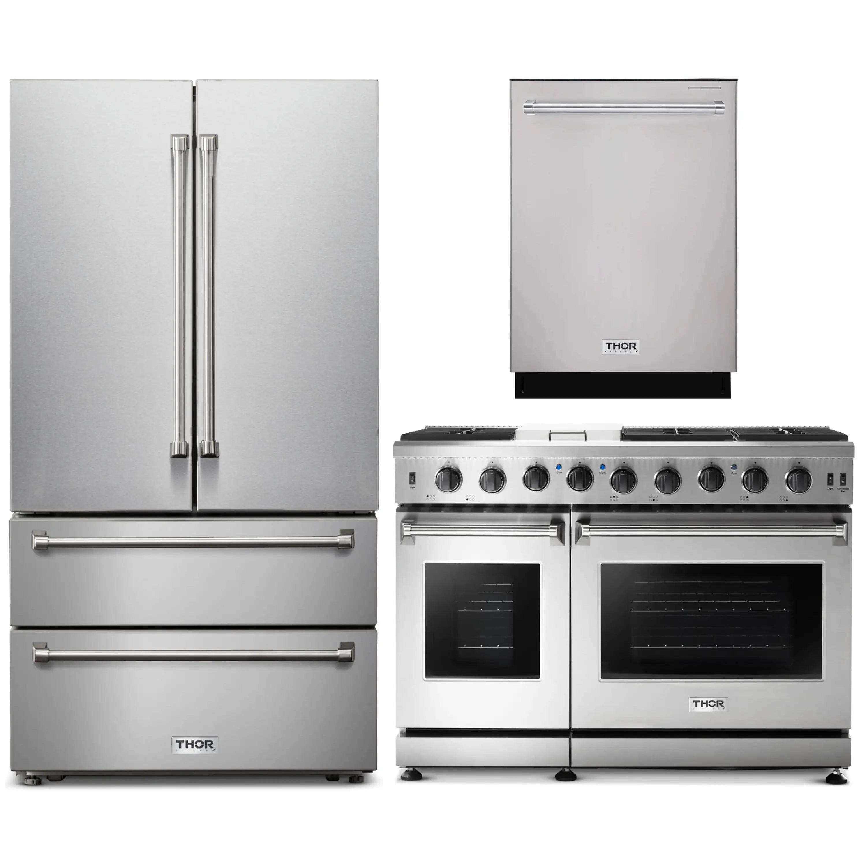 Stainless steel THOR kitchen appliance set: refrigerator, gas range, and dishwasher