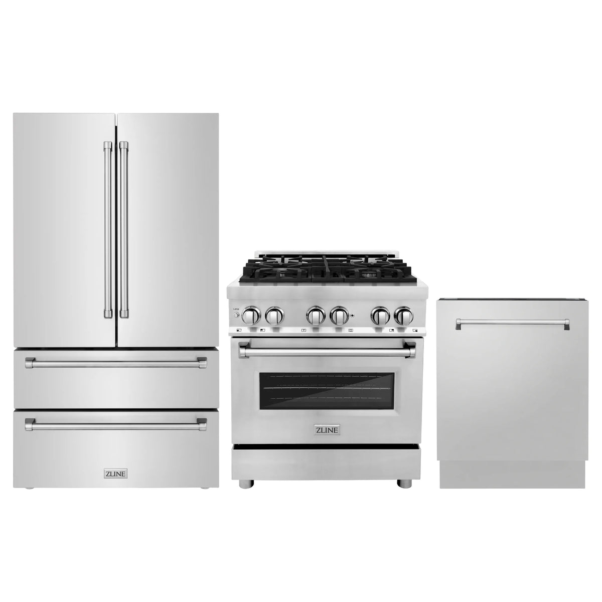ZLINE 3-Piece Appliance Package - 30-Inch Dual Fuel Range, Refrigerator, and 3-Rack Dishwasher in Stainless Steel