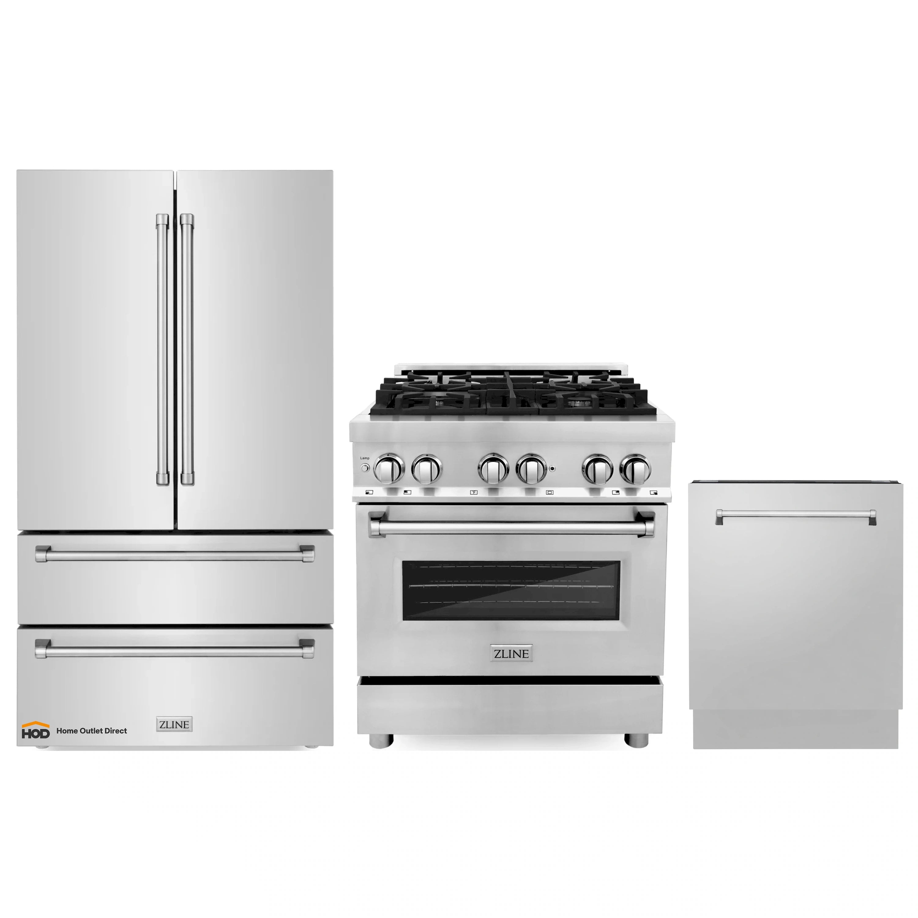 Stainless steel ZLINE appliance package: refrigerator, dual fuel range, and dishwasher