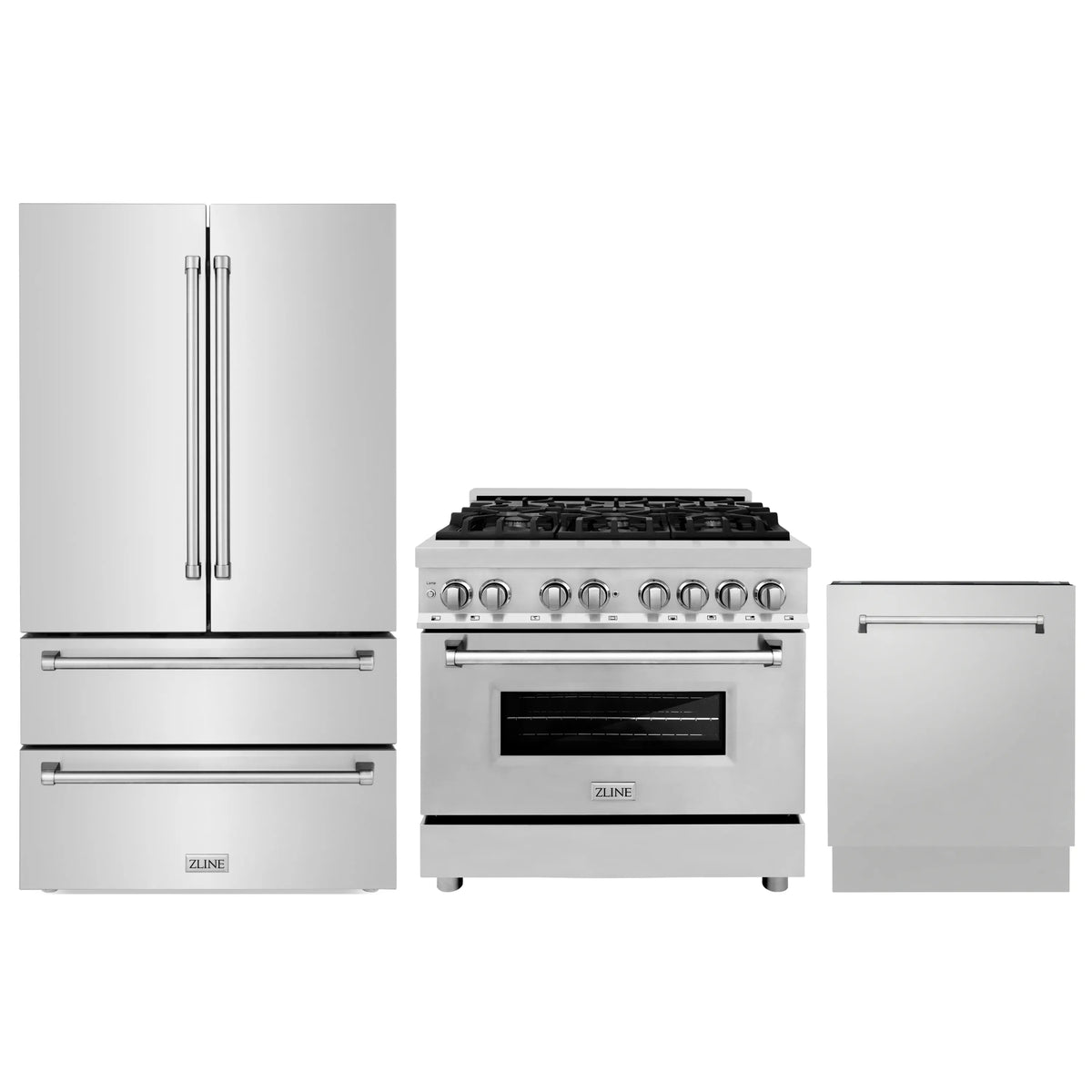 ZLINE 3-Piece Appliance Package - 36-Inch Dual Fuel Range, Refrigerator, and 3-Rack Dishwasher in Stainless Steel