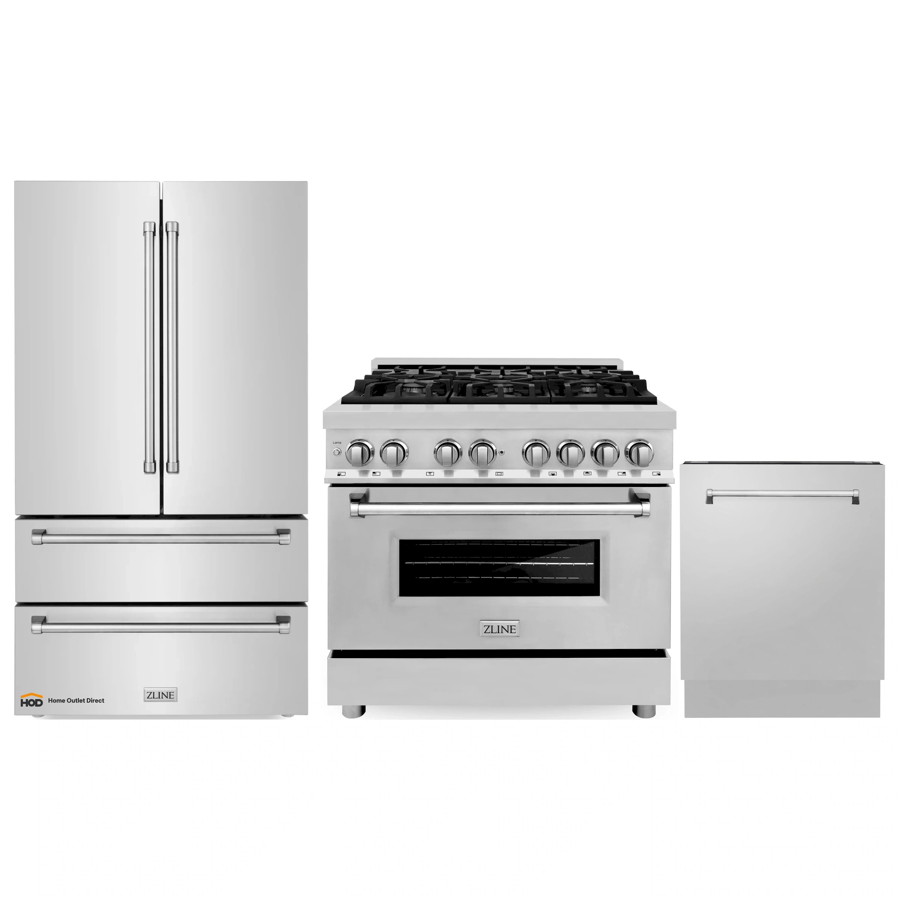 ZLINE 3-piece appliance set with refrigerator, dual fuel range, and dishwasher