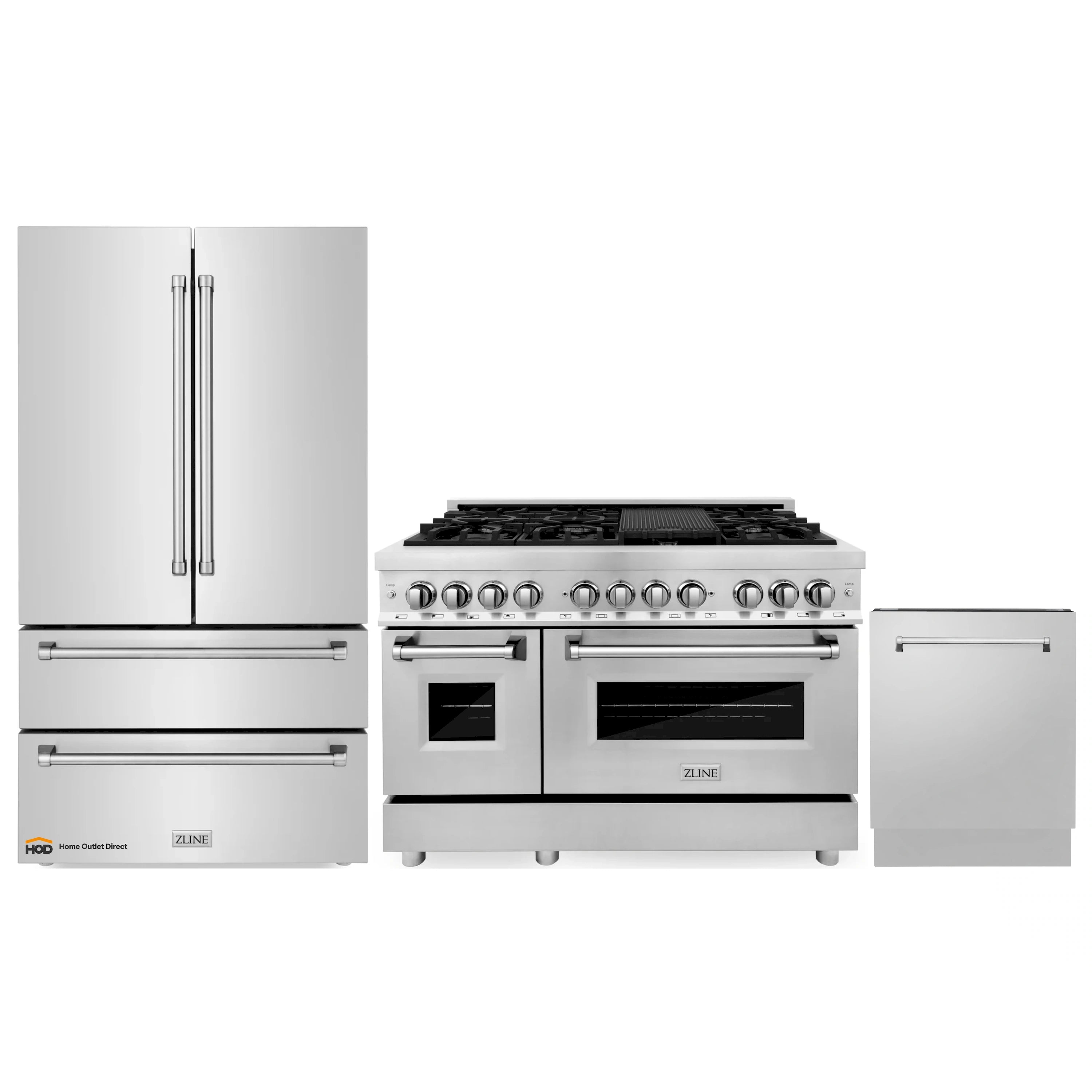 Stainless steel appliance set with dual fuel range, refrigerator, and dishwasher