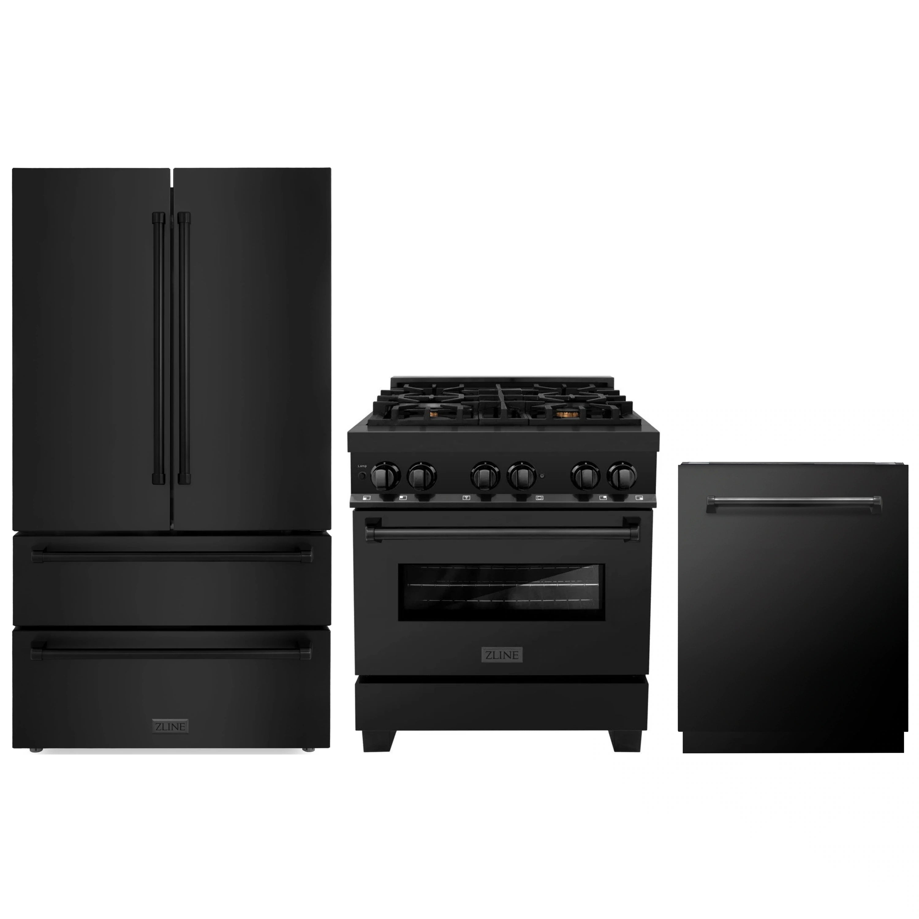 Black stainless kitchen appliance set with refrigerator, range, and dishwasher