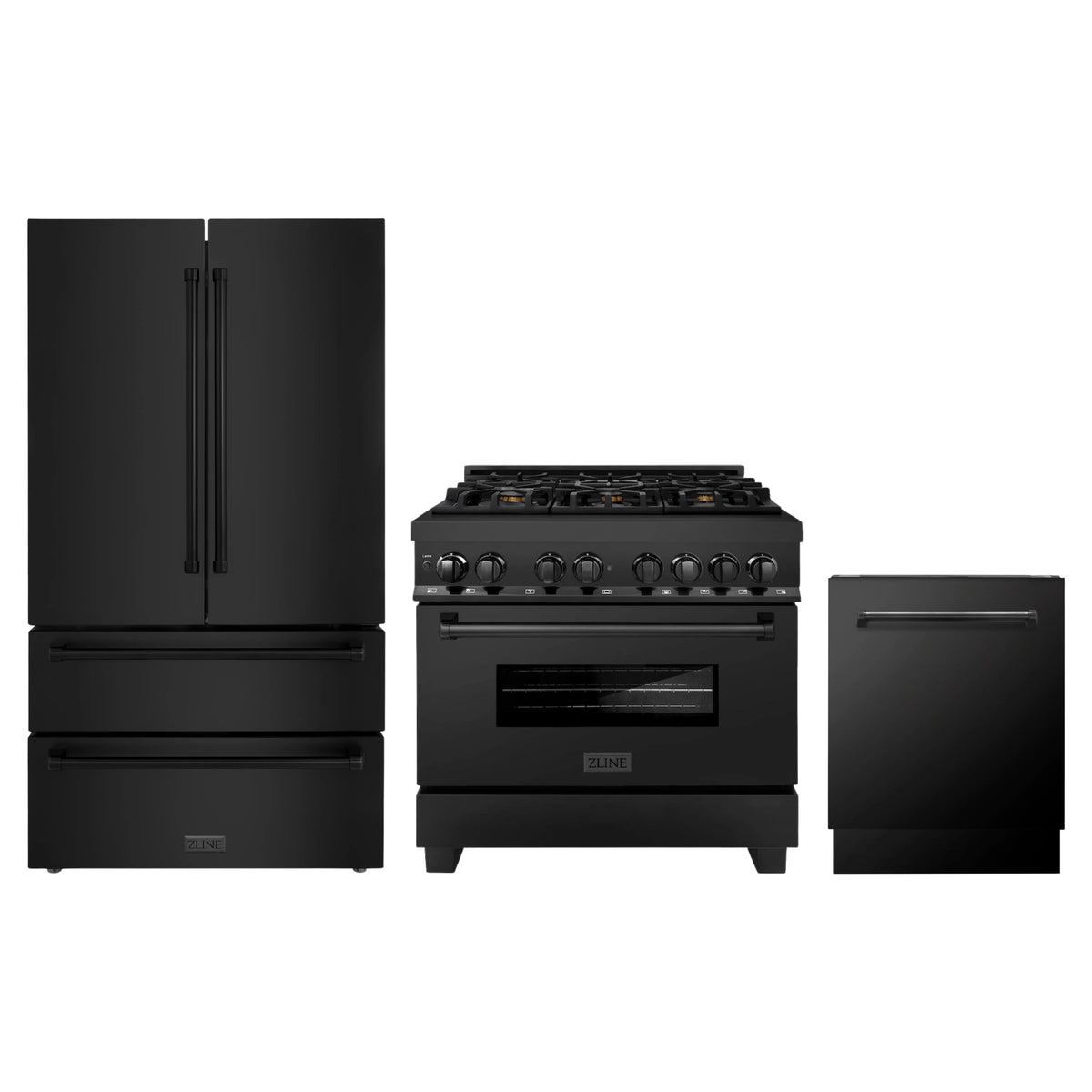 ZLINE 3-Piece Appliance Package - 36-Inch Legacy Dual Fuel Range, 36-Inch French Door Refrigerator, Dishwasher, in Black Stainless Steel
