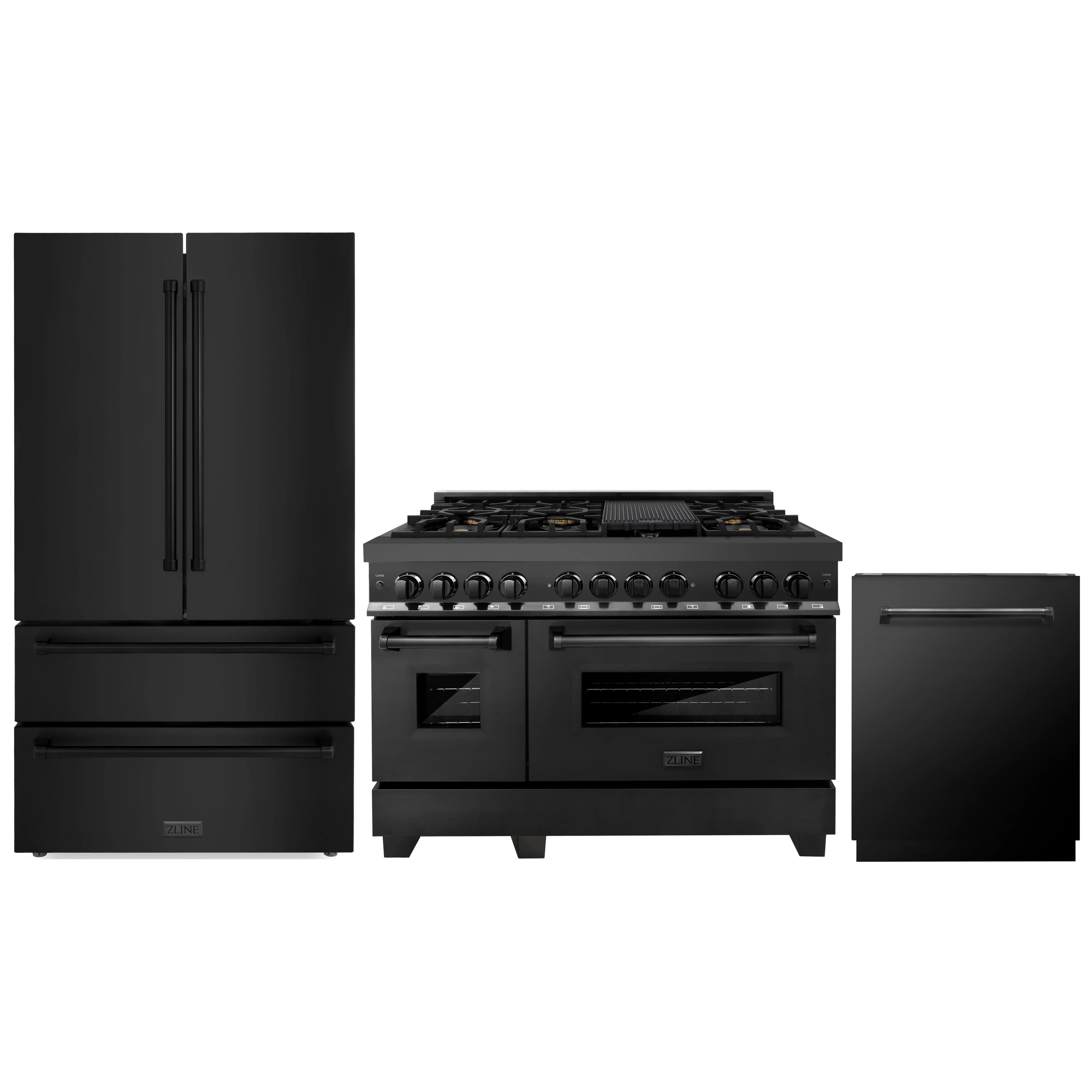 Dishwasher, refrigerator, and range set in black stainless steel, front view