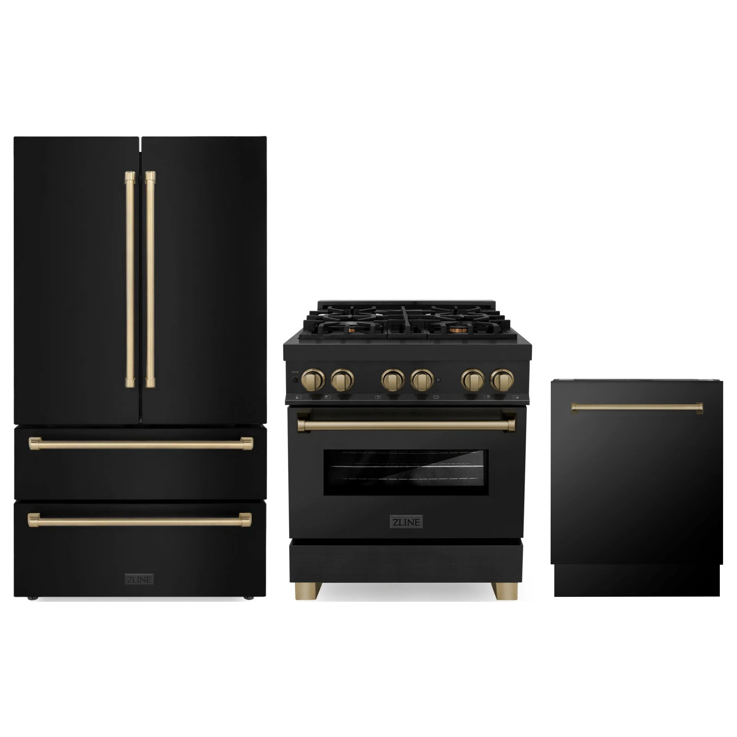 Black stainless appliance package with champagne bronze handles: fridge, range, dishwasher
