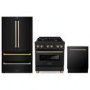 ZLINE 3-Piece Appliance Package - 30-Inch Legacy Dual Fuel Range, 36-Inch French Door Refrigerator, Dishwasher, in Black Stainless Steel with Champagne Bronze Accents