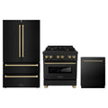 ZLINE 3-Piece Appliance Package - 30-Inch Legacy Dual Fuel Range, 36-Inch French Door Refrigerator, Dishwasher, in Black Stainless Steel with Champagne Bronze Accents