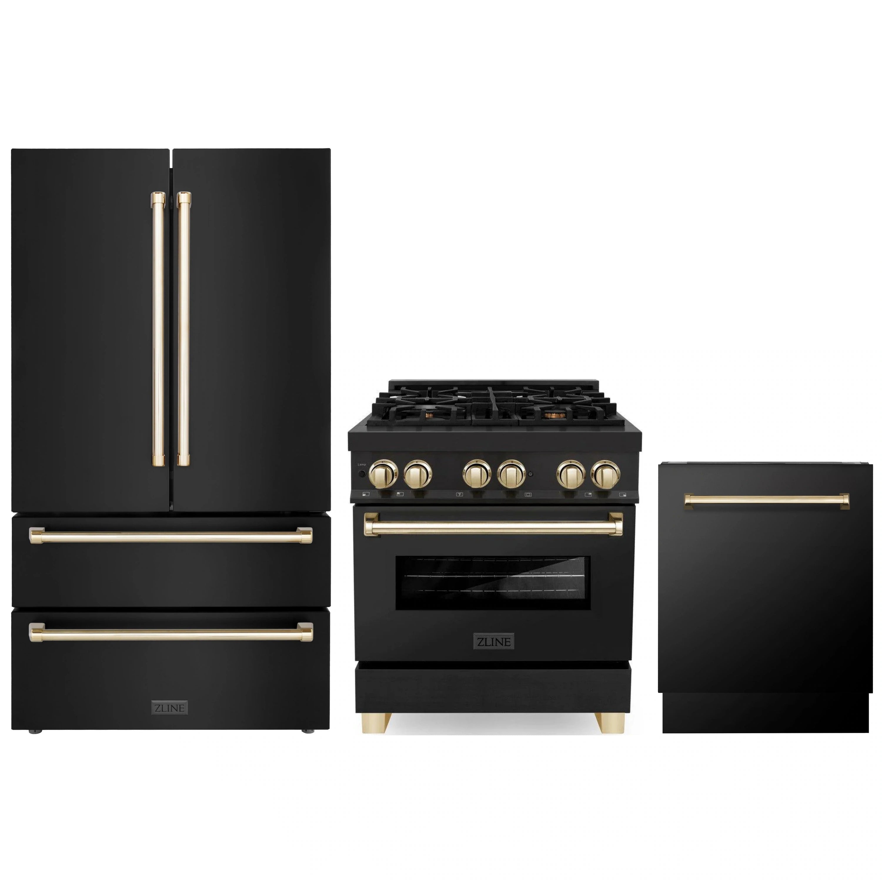 Black stainless 3-piece appliance package with gold-accent range, fridge, and dishwasher