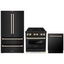 ZLINE 3-Piece Appliance Package - 30-Inch Legacy Dual Fuel Range, 36-Inch French Door Refrigerator, Dishwasher, in Black Stainless Steel with Gold Accents