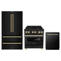 ZLINE 3-Piece Appliance Package - 30-Inch Legacy Dual Fuel Range, 36-Inch French Door Refrigerator, Dishwasher, in Black Stainless Steel with Gold Accents