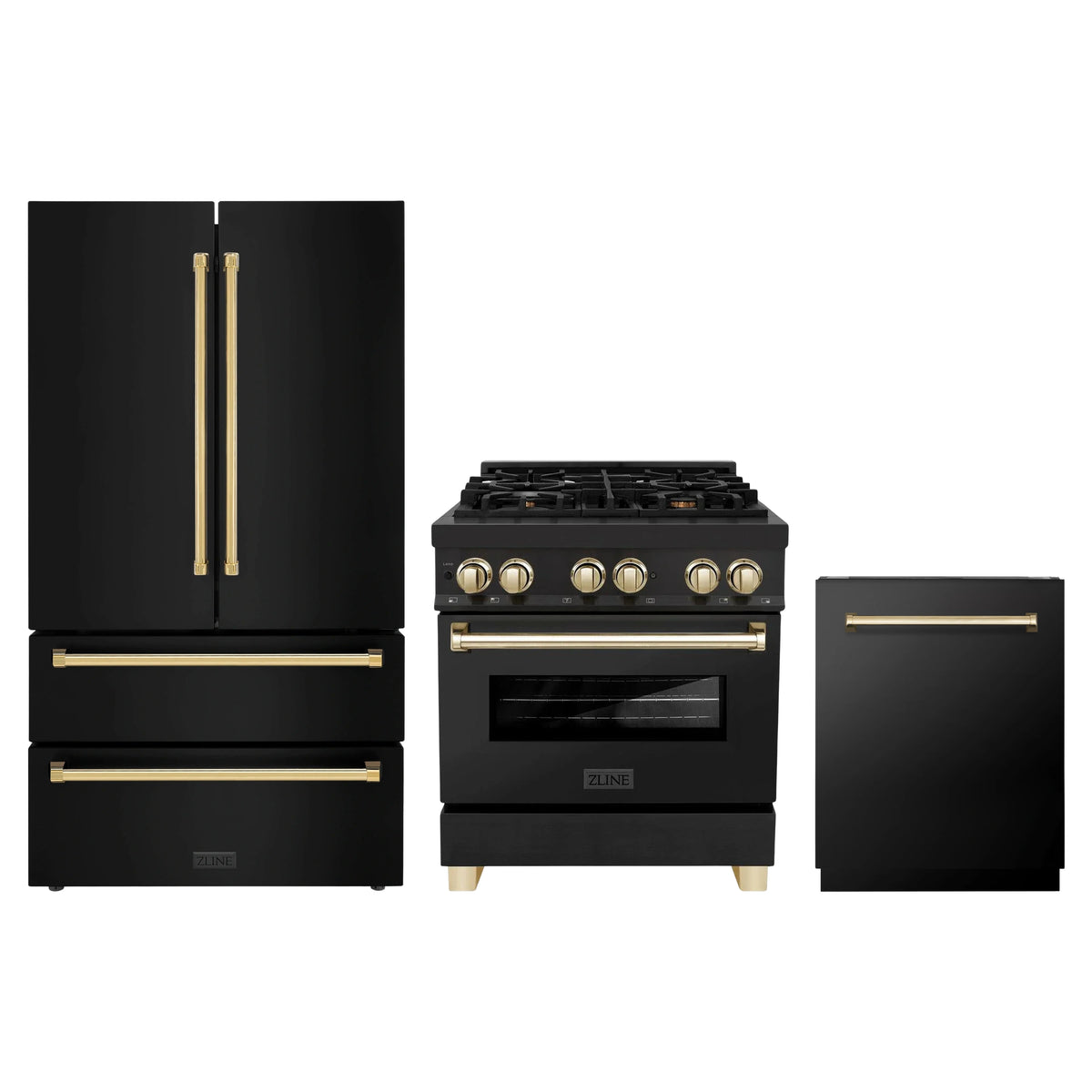 ZLINE 3-Piece Appliance Package - 30-Inch Legacy Dual Fuel Range, 36-Inch French Door Refrigerator, Dishwasher, in Black Stainless Steel with Gold Accents