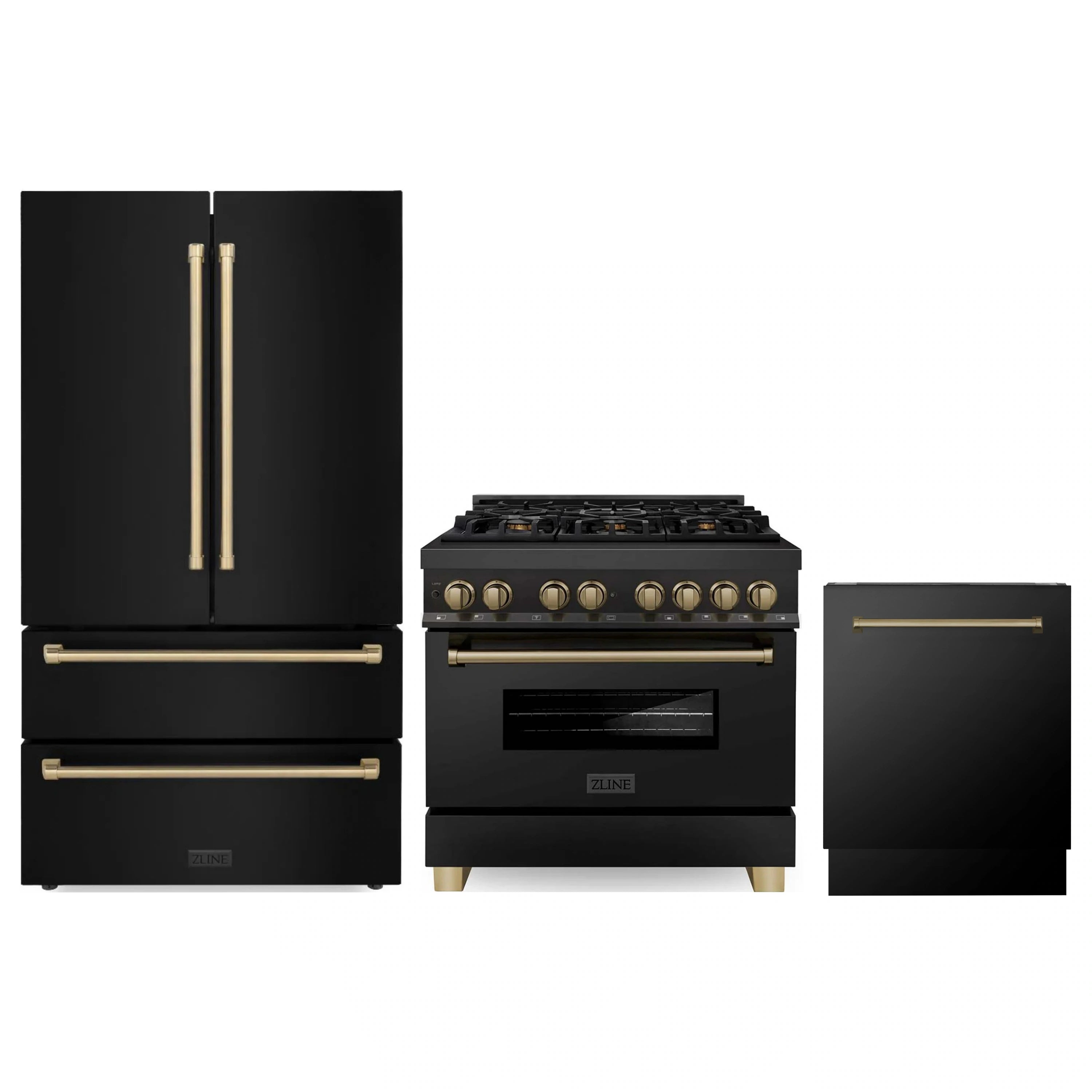 3-piece kitchen appliance set: black stainless French door refrigerator, range, dishwasher