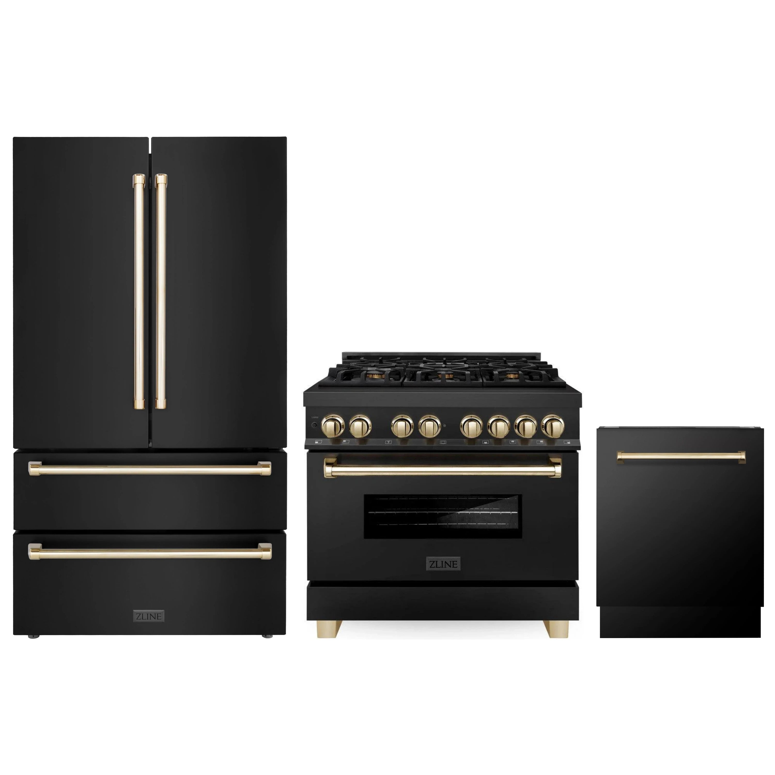 3-piece black stainless appliance package with gold-accented range and refrigerator