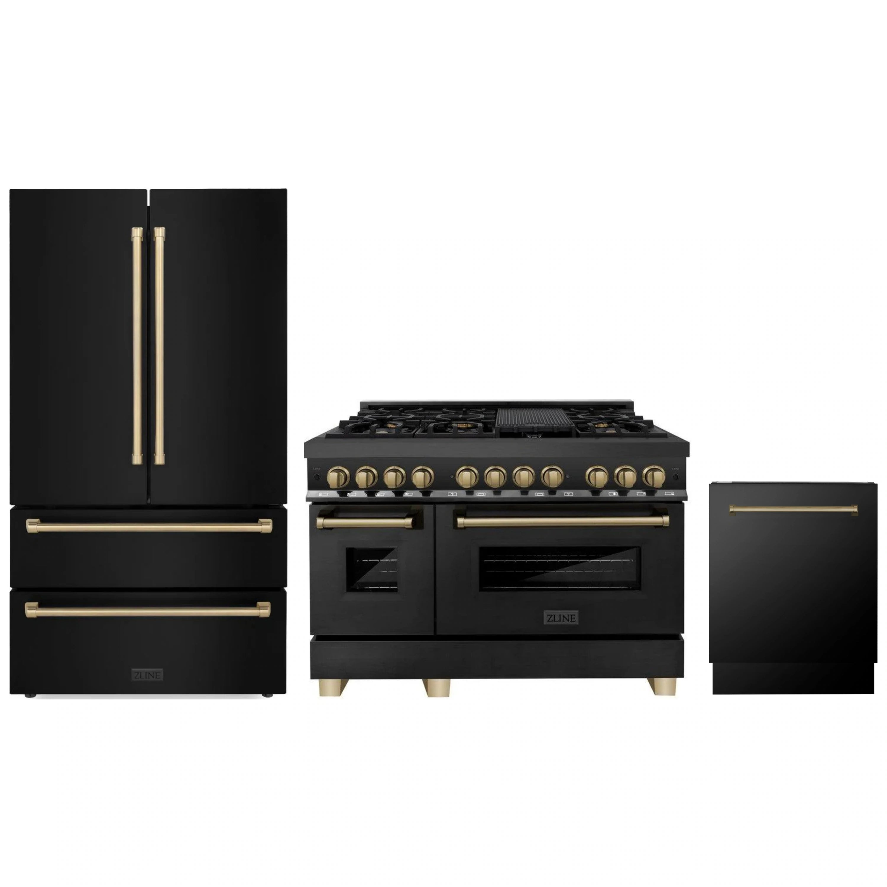 3-piece appliance package with black stainless refrigerator, range, and dishwasher bronze accents