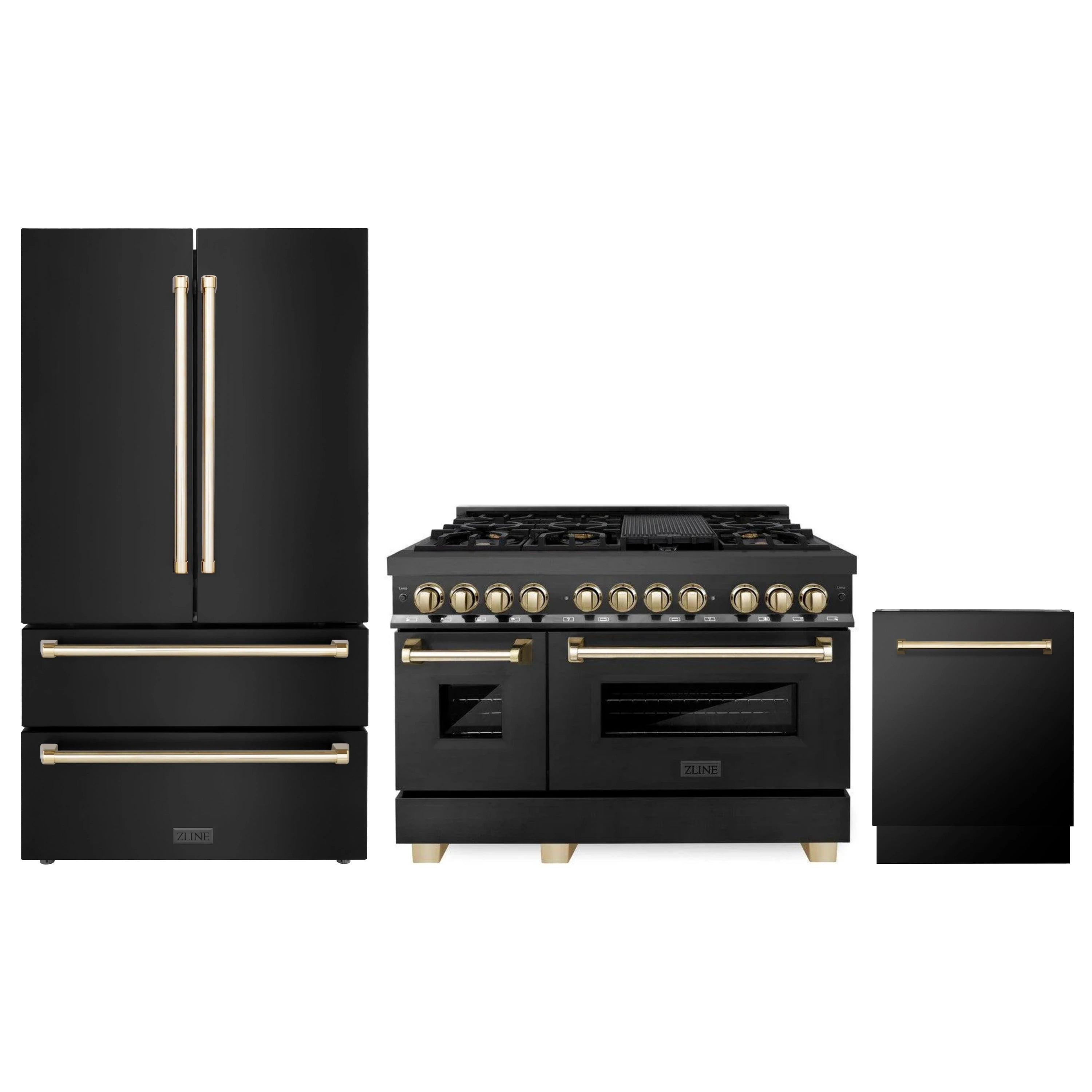 Black stainless appliance package with gold accents: range, refrigerator, dishwasher