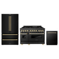 ZLINE 3-Piece Appliance Package - 48-Inch Legacy Dual Fuel Range, 36-Inch French Door Refrigerator, Dishwasher, in Black Stainless Steel with Gold Accents