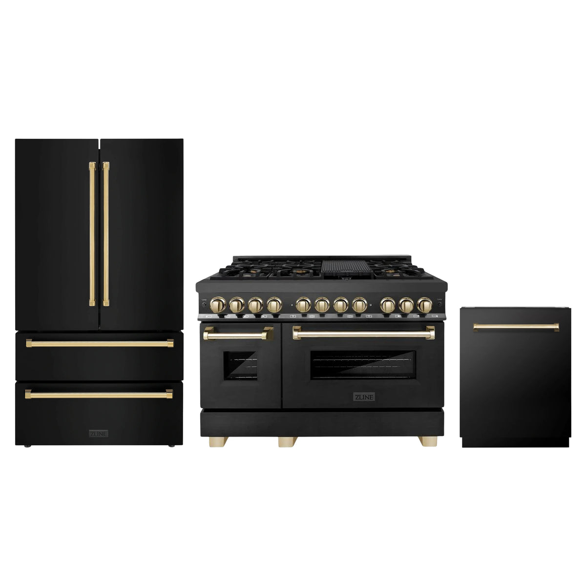 ZLINE 3-Piece Appliance Package - 48-Inch Legacy Dual Fuel Range, 36-Inch French Door Refrigerator, Dishwasher, in Black Stainless Steel with Gold Accents