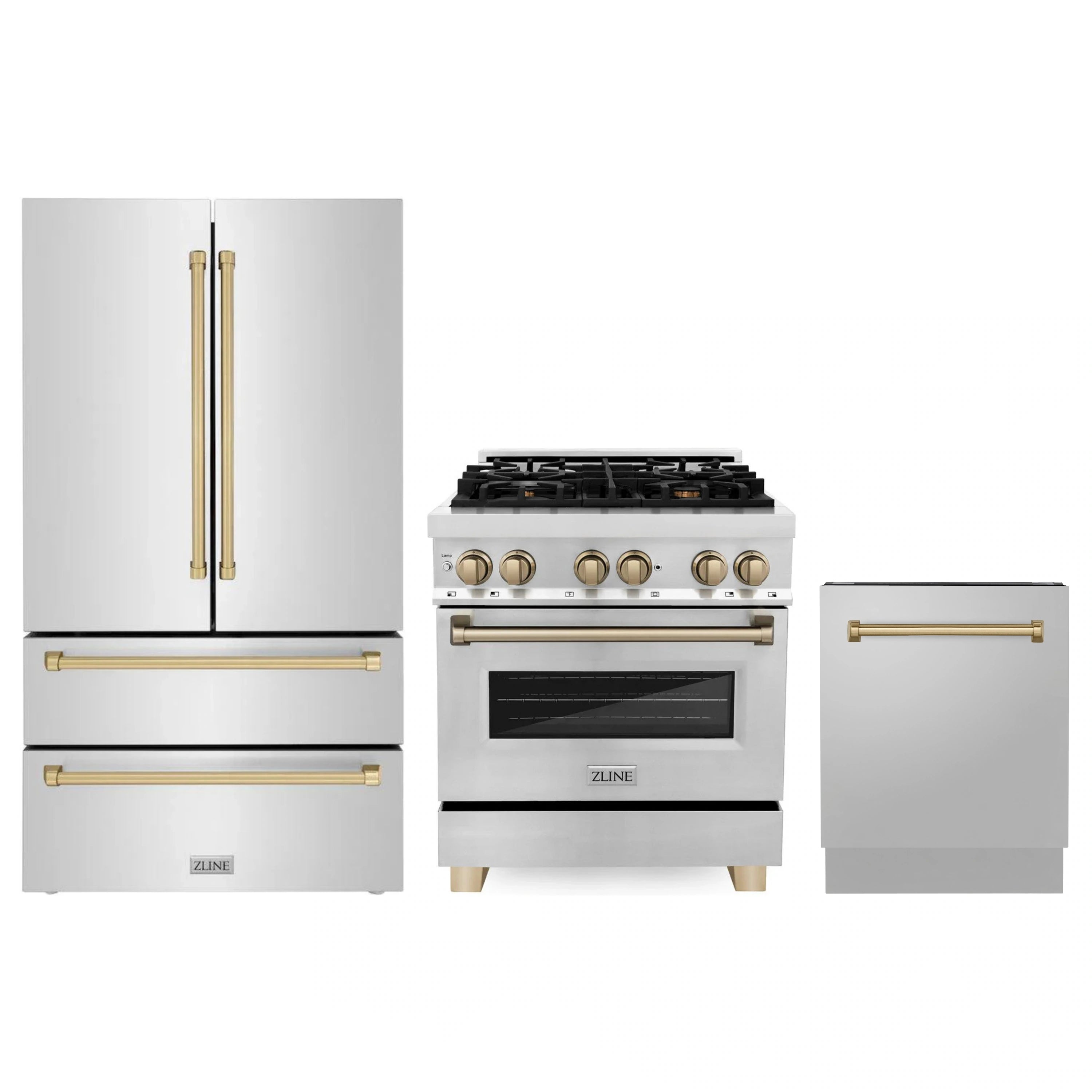 Stainless steel appliance set with French door refrigerator, dual fuel range, and dishwasher