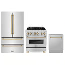 ZLINE 3-Piece Appliance Package - 30-Inch Legacy Autograph Dual Fuel Range, 36-Inch French Door Refrigerator, Dishwasher, in Stainless Steel with Champagne Bronze Accents