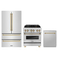 ZLINE 3-Piece Appliance Package - 30-Inch Legacy Autograph Dual Fuel Range, 36-Inch French Door Refrigerator, Dishwasher, in Stainless Steel with Champagne Bronze Accents