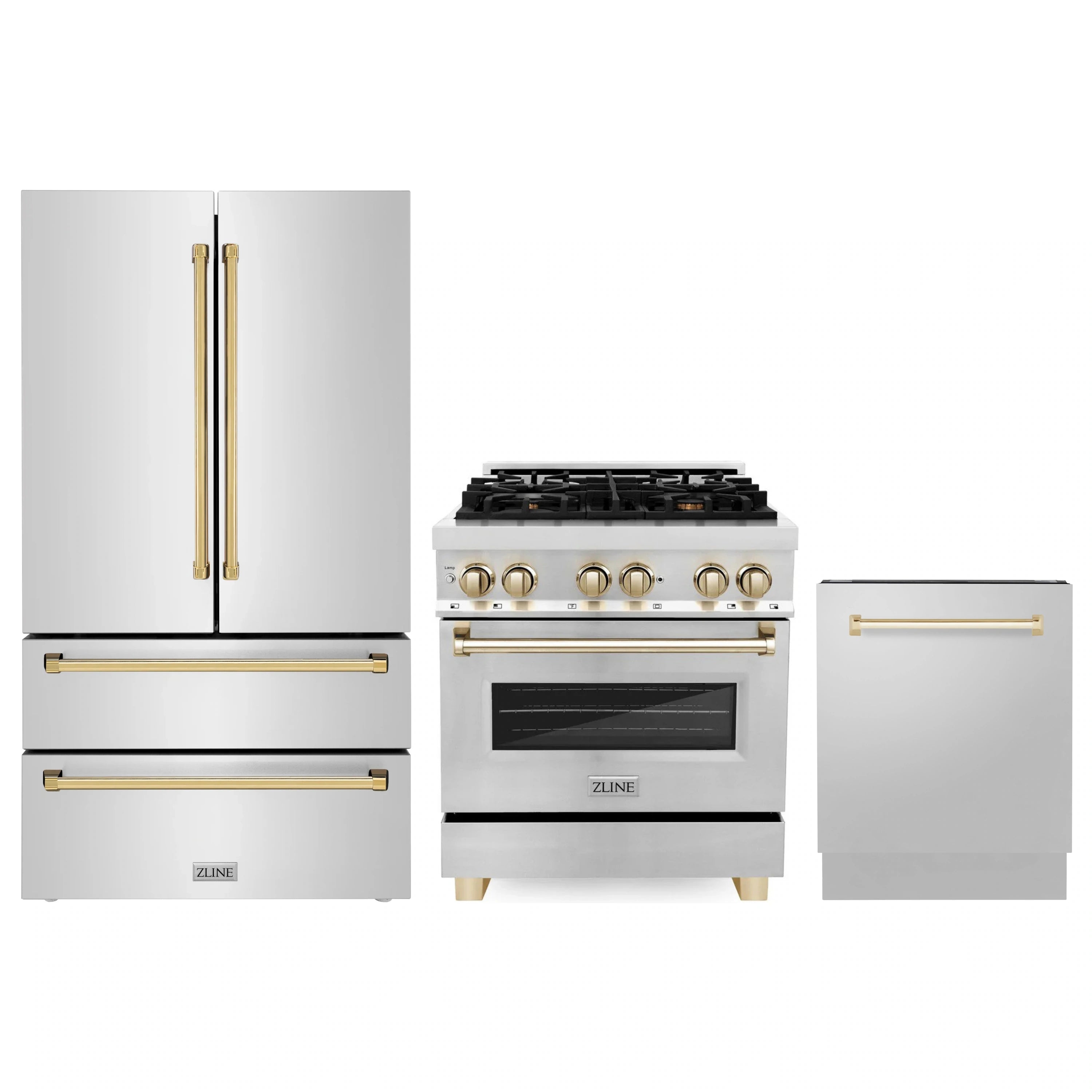 Three-piece appliance set: refrigerator, dual fuel range, and dishwasher in stainless