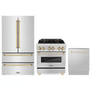 ZLINE 3-Piece Appliance Package - 30-Inch Legacy Autograph Dual Fuel Range, 36-Inch French Door Refrigerator, Dishwasher, in Stainless Steel with Gold Accents