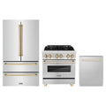 ZLINE 3-Piece Appliance Package - 30-Inch Legacy Autograph Dual Fuel Range, 36-Inch French Door Refrigerator, Dishwasher, in Stainless Steel with Gold Accents