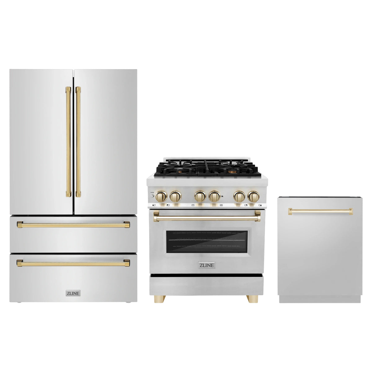 ZLINE 3-Piece Appliance Package - 30-Inch Legacy Autograph Dual Fuel Range, 36-Inch French Door Refrigerator, Dishwasher, in Stainless Steel with Gold Accents