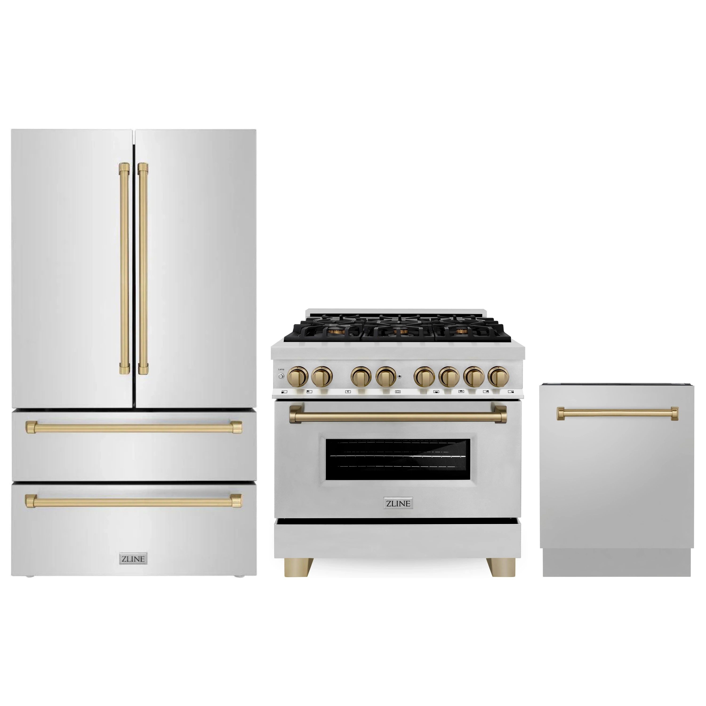 Three stainless steel kitchen appliances with champagne bronze handles and ZLINE badge