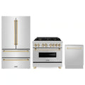 ZLINE 3-Piece Appliance Package - 36-Inch Legacy Autograph Dual Fuel Range, 36-Inch French Door Refrigerator, Dishwasher, in Stainless Steel with Gold Accents