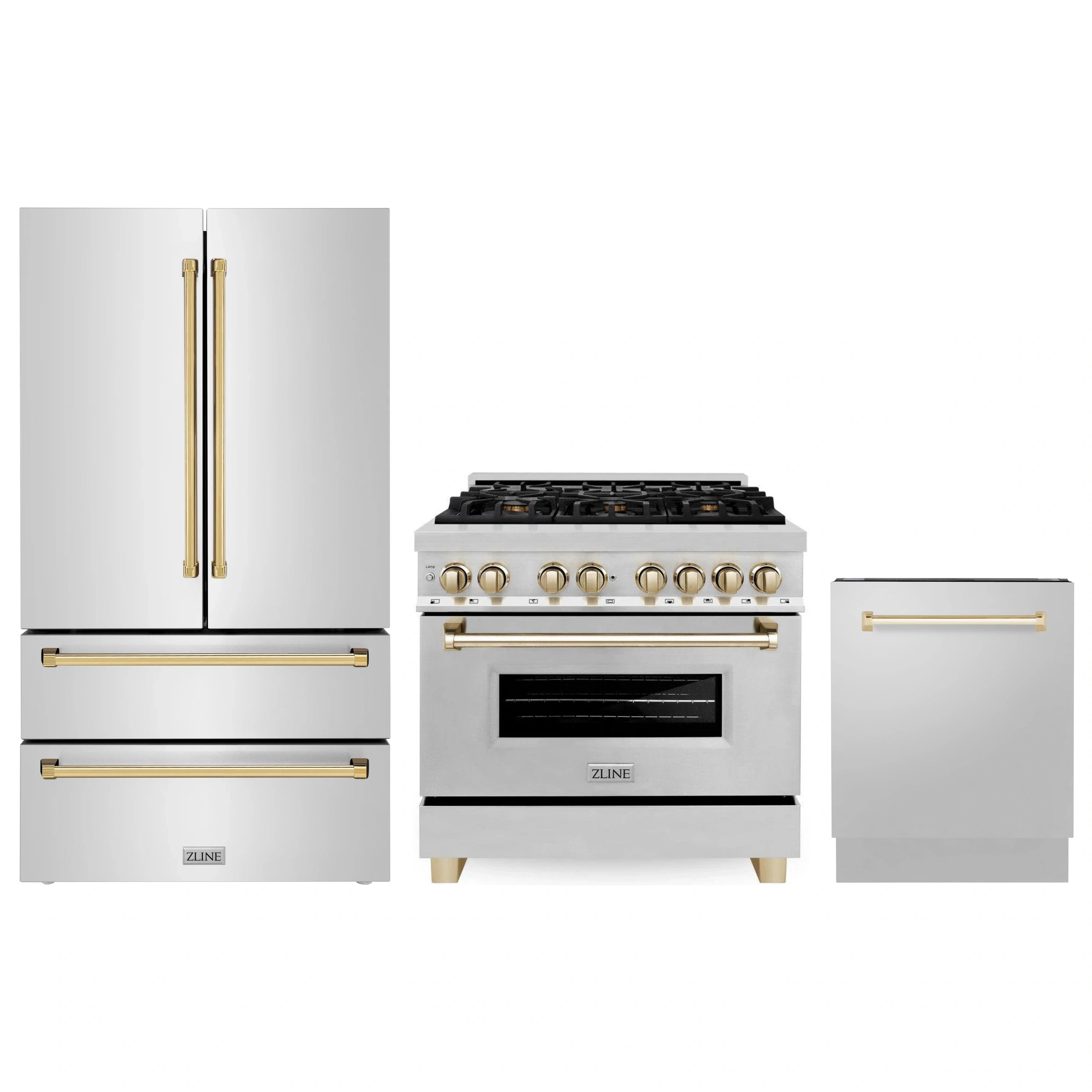 Stainless appliance package with gold handles: French door fridge, range, and dishwasher