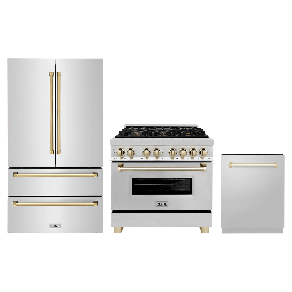 ZLINE 3-Piece Appliance Package - 36-Inch Legacy Autograph Dual Fuel Range, 36-Inch French Door Refrigerator, Dishwasher, in Stainless Steel with Gold Accents