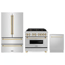 ZLINE 3-Piece Appliance Package - 36-Inch Legacy Autograph Dual Fuel Range, 36-Inch French Door Refrigerator, Dishwasher, in Stainless Steel with Gold Accents