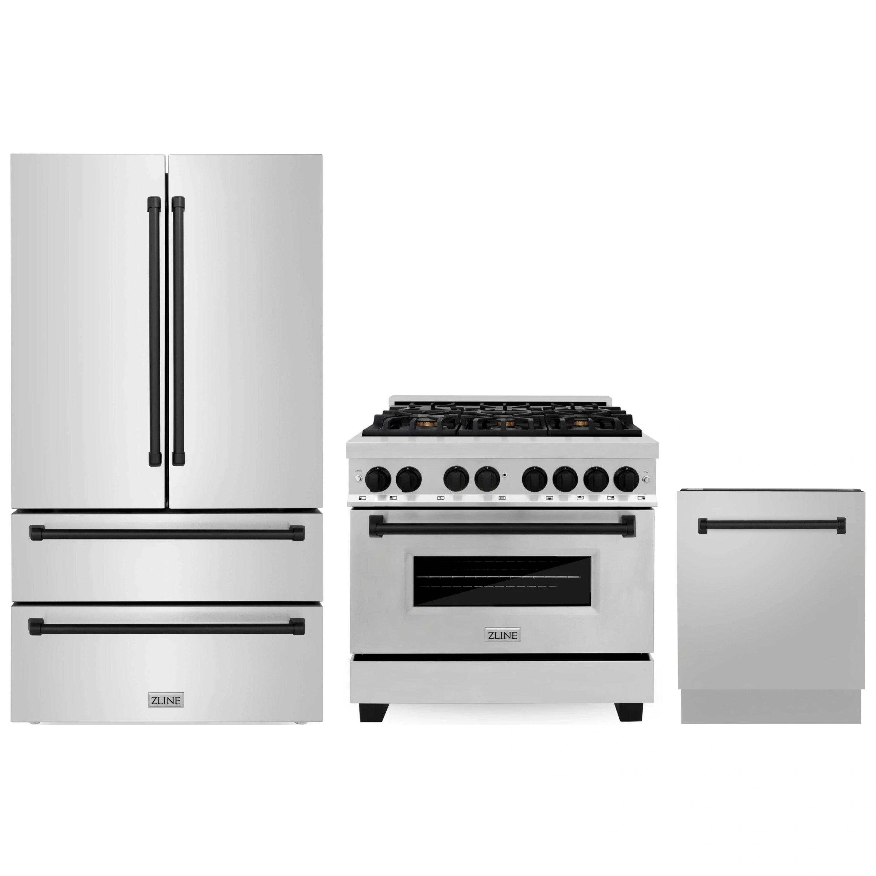 Stainless steel kitchen appliance set with refrigerator, dual-fuel range, and dishwasher with panel