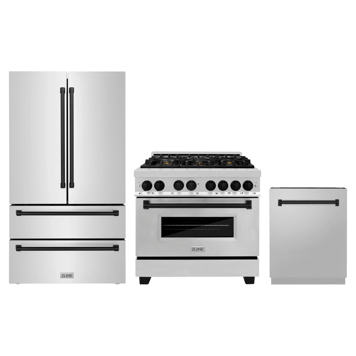 ZLINE 3-Piece Appliance Package - 36-Inch Legacy Autograph Dual Fuel Range, 36-Inch French Door Refrigerator, Dishwasher, in Stainless Steel with Matte Black Accents