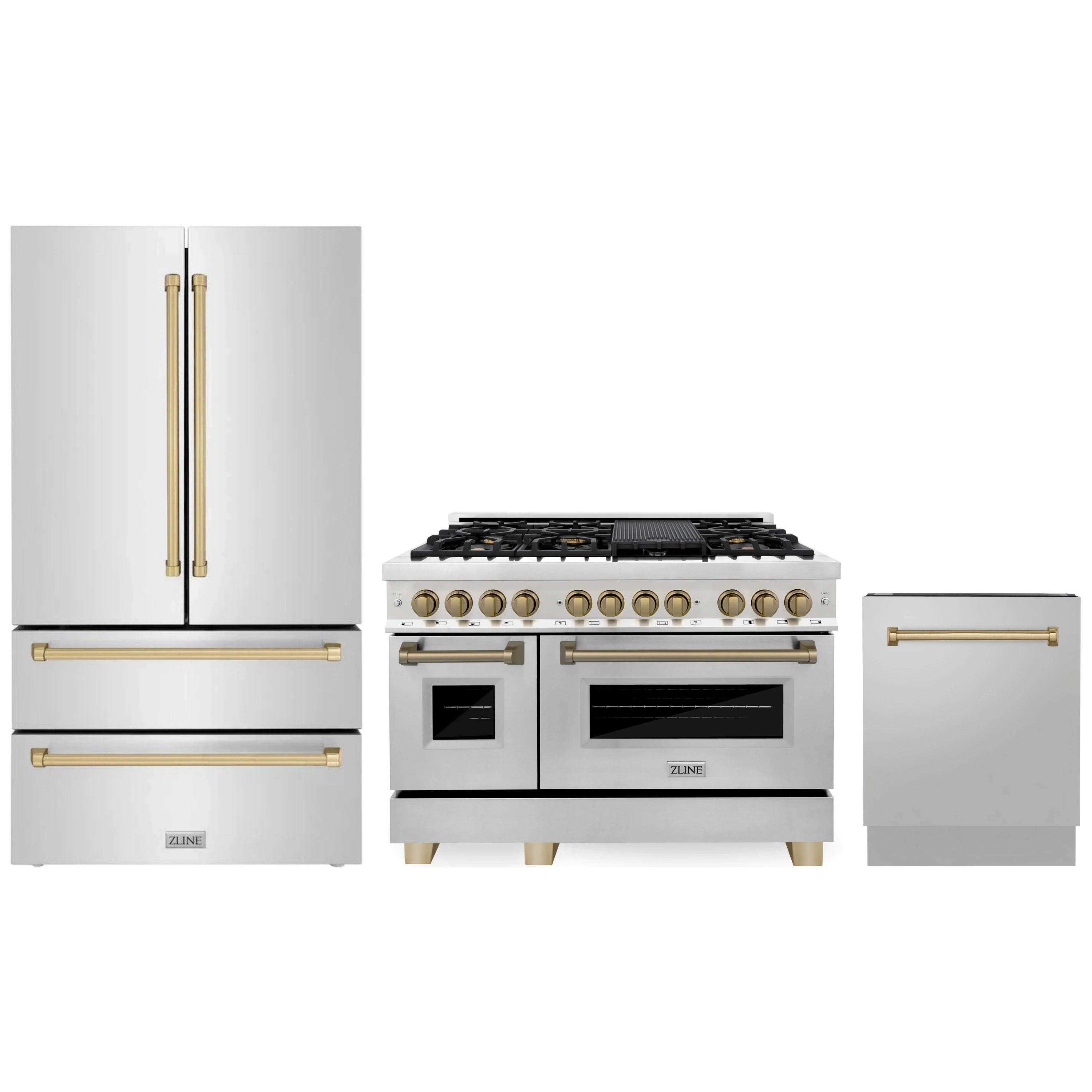 Stainless steel French door refrigerator, dual fuel range, and dishwasher with bronze accents