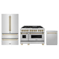ZLINE 3-Piece Appliance Package - 48-Inch Legacy Autograph Dual Fuel Range, 36-Inch French Door Refrigerator, Dishwasher, in Stainless Steel with Champagne Bronze Accents