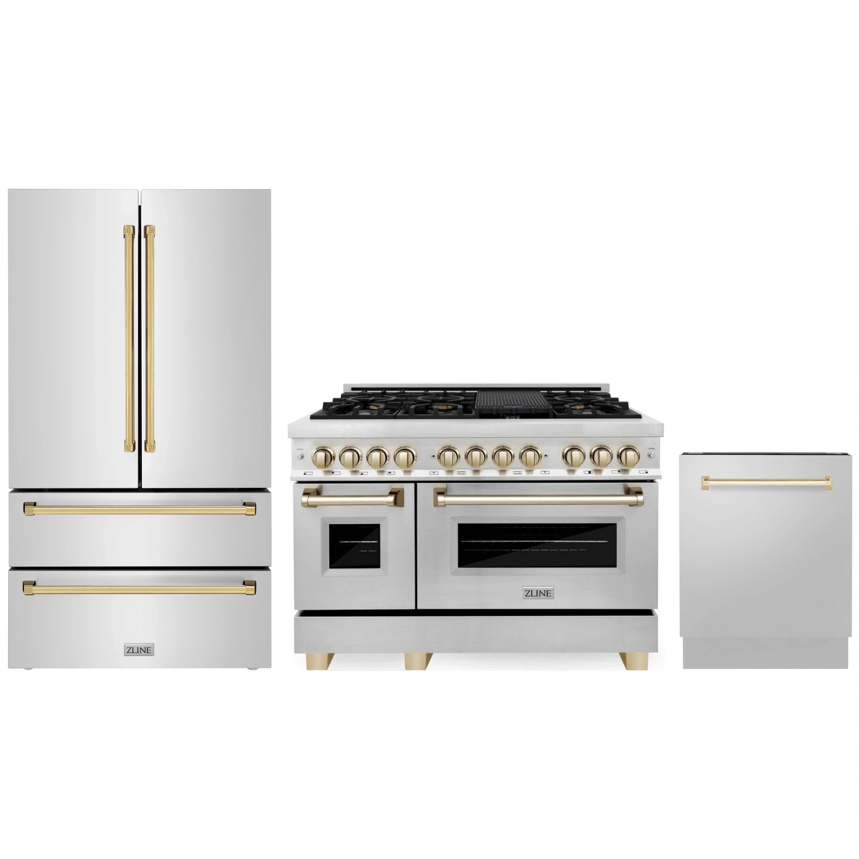 3-piece appliance package: stainless range, French door refrigerator, and dishwasher with gold accents