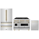 ZLINE 3-Piece Appliance Package - 48-Inch Legacy Autograph Dual Fuel Range, 36-Inch French Door Refrigerator, Dishwasher, in Stainless Steel with Gold Accents