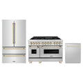 ZLINE 3-Piece Appliance Package - 48-Inch Legacy Autograph Dual Fuel Range, 36-Inch French Door Refrigerator, Dishwasher, in Stainless Steel with Gold Accents