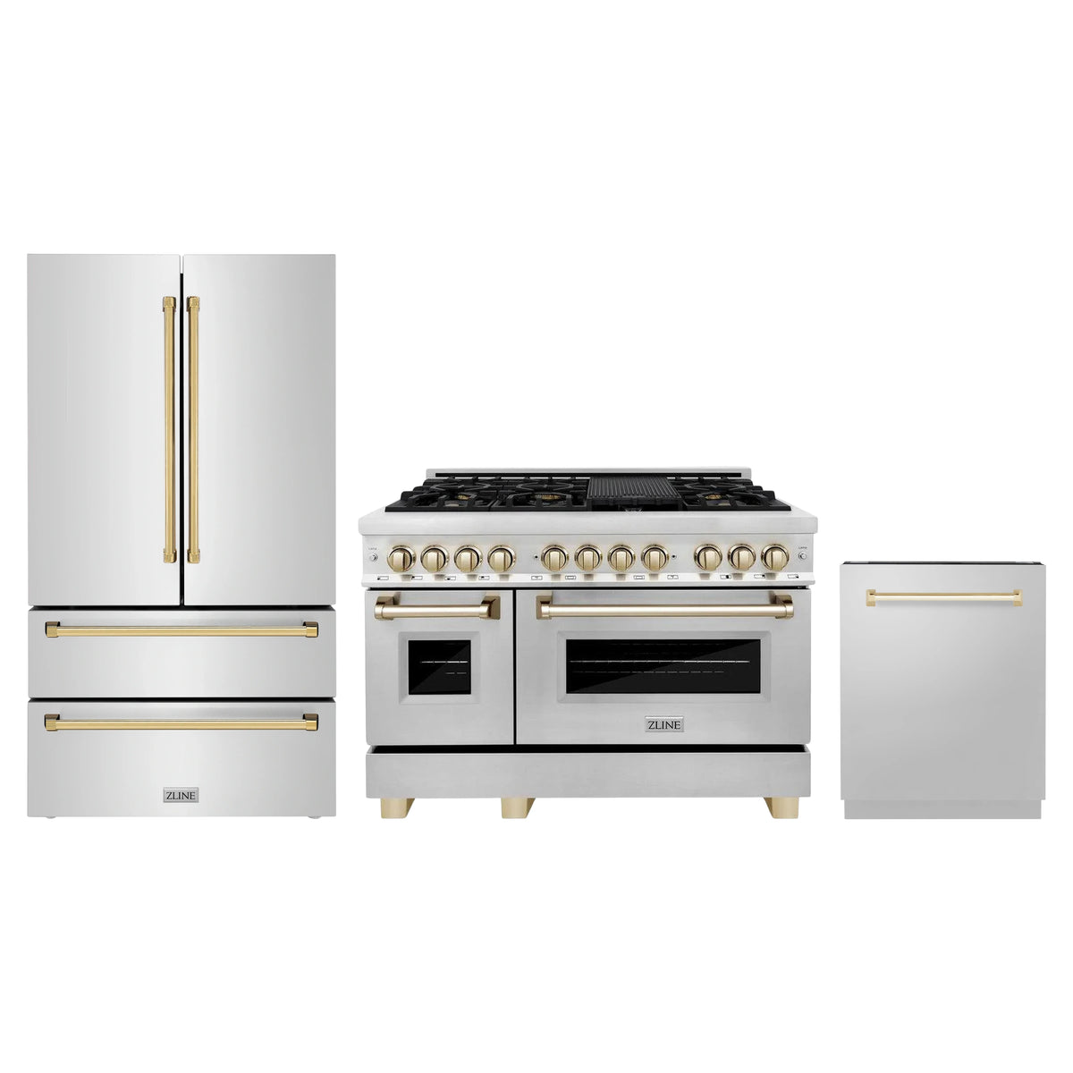 ZLINE 3-Piece Appliance Package - 48-Inch Legacy Autograph Dual Fuel Range, 36-Inch French Door Refrigerator, Dishwasher, in Stainless Steel with Gold Accents