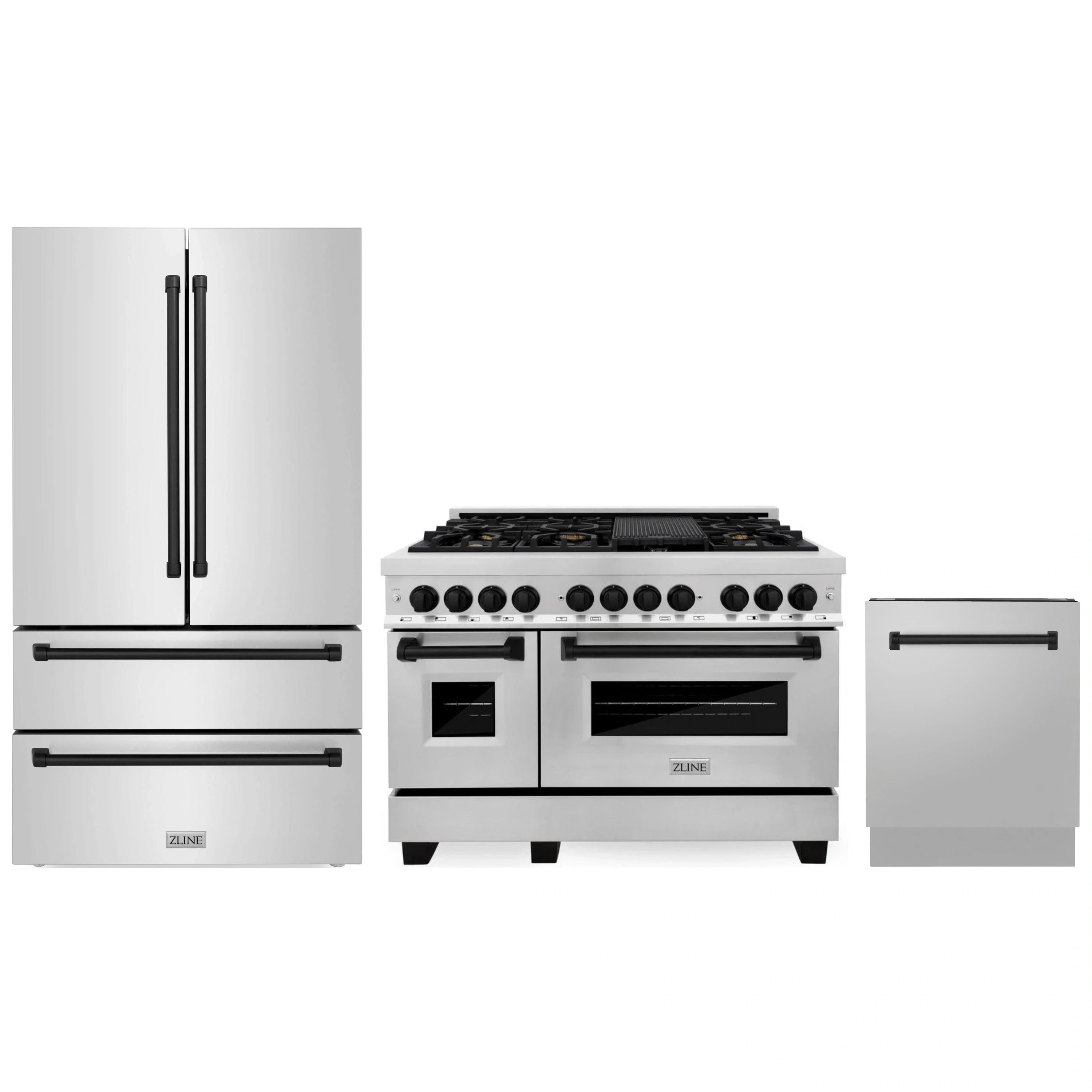 3-piece kitchen appliance set with stainless refrigerator, dual fuel range, and dishwasher
