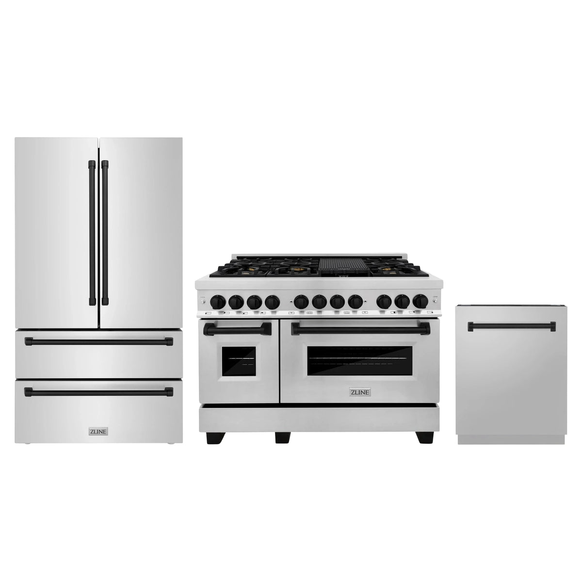 ZLINE 3-Piece Appliance Package - 48-Inch Legacy Autograph Dual Fuel Range, 36-Inch French Door Refrigerator, Dishwasher, in Stainless Steel with Matte Black Accents